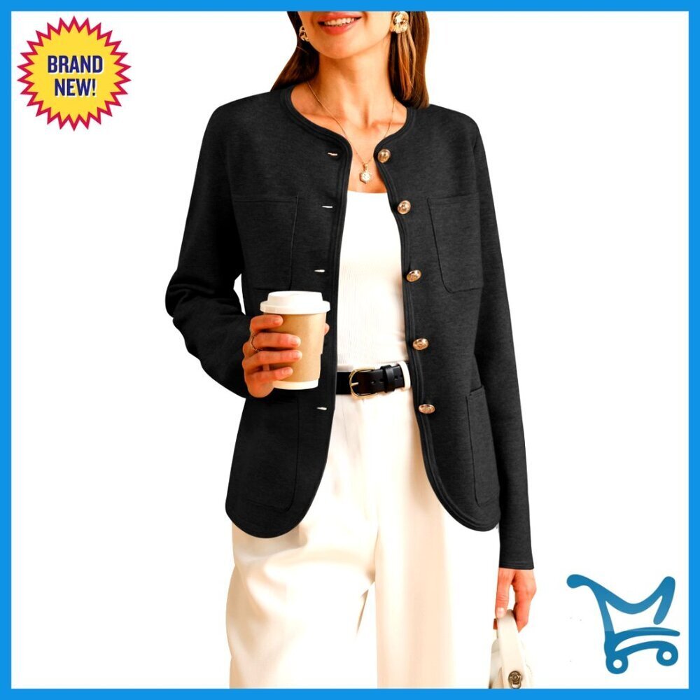 Wool Blend Sweater Blazer Collarless Classic Business Casual Jacket Pockets
